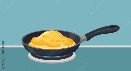 Scrambled Eggs Cooking in Frying Pan on Stove Top Breakfast Food.