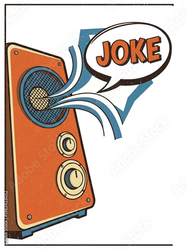 Vintage audio speaker with a joke bubble emitting sound waves