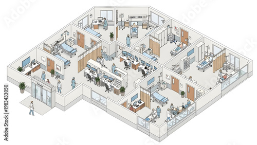 Top Down View Hospital Emergency Room Architectural Human Activity Layout, Clean CAD Line Vector Illustration, Medical Workflow System Diagram Isolated on White Background