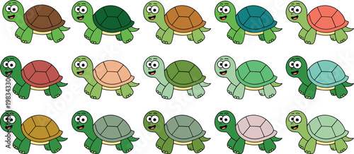 Cute cartoon turtle vector set featuring colorful smiling tortoises for children education nursery decor and animal character mascot designs.