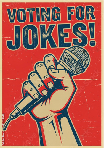 Retro fist holding a microphone with voting for jokes text message