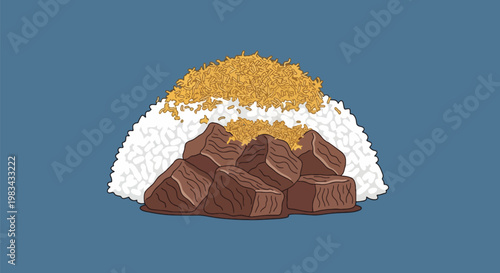 Beef Stew with Rice and Crispy Garlic.