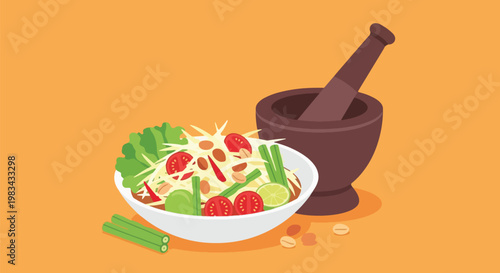 Som Tum Thai Green Papaya Salad Preparation with Mortar and Pestle.