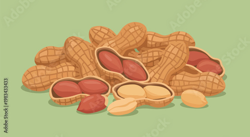 Pile of Peanuts with Shelled Kernels on Green Background Healthy Snack.