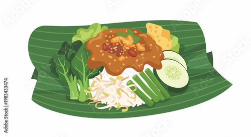 Nasi Lemak Rice Dish on Banana Leaf - Malaysian and Singaporean Cuisine.