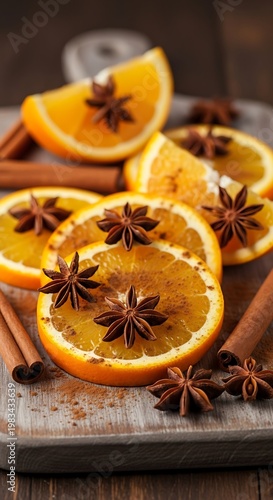 Festive Orange Slices with Star Anise and Cinnamon Sticks.