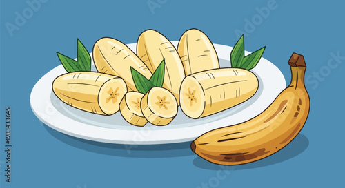 Peeled Bananas on Plate with Whole Banana.