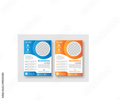 Modern professional business flyer template design with blue and orange circular elements for advertising company services and contact information.