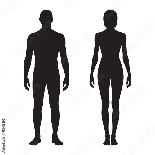 a black silhouette of a man and a woman standing side by side, both with their arms at their sides and feet shoulder-width apart, facing forward