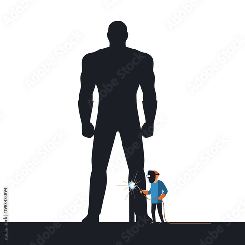 Small welder working on giant silhouette, concept of teamwork, collaboration, or overcoming challenges
