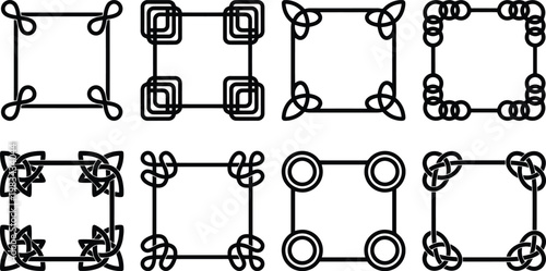 Eight Black Celtic Knot Border Designs Arranged in Two Rows on a White Background frame