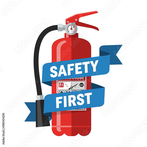 Red Fire Extinguisher with "Safety First" Banner - Fire Prevention and Emergency Equipment