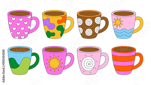 Colorful cartoon coffee cups with various designs and patterns on white background