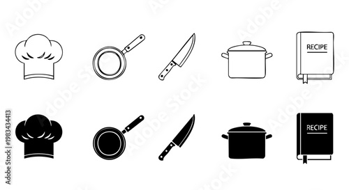 Cooking Icon Set Chef Hat Pan Knife Cooking Pot Recipe Dual Style Outline and Filled Minimal Vector Icons