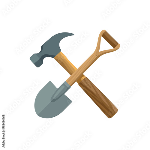 Crossed hammer and shovel tools for gardening and construction work
