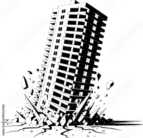 Collapsing skyscraper building demolition, urban disaster scene collapse