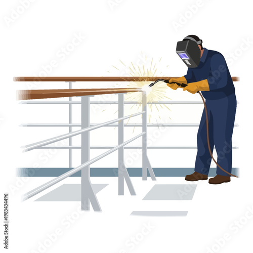 Welder in protective gear sparks while repairing metal railing on ship deck