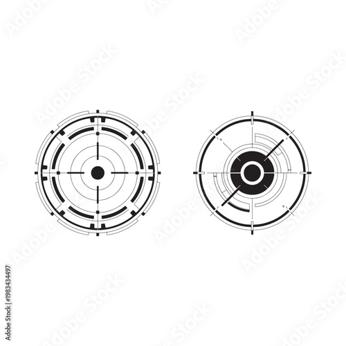 Two circular black and white technical diagrams with concentric rings