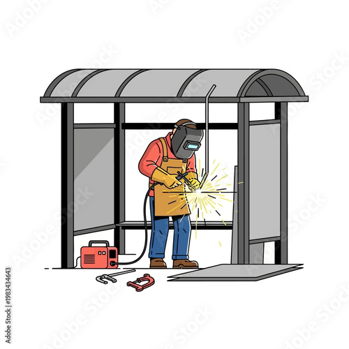 Welder repairing bus stop shelter, sparks flying, industrial construction scene