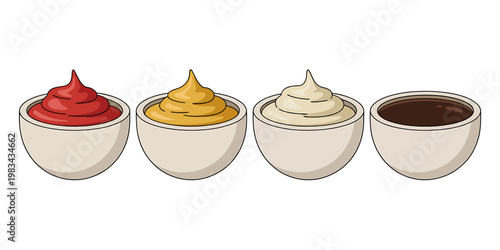 Four bowls of sauce or condiments isolated on white background