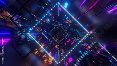 Abstract frames and boxes. Fly through technology cyberspace with neon glow. Sci-fi flight through hi-tech technology tunnel. Hologram and neon light. 3d looped seamless 4k. Multicolored data flow