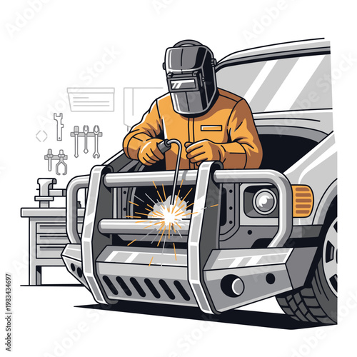 Welder repairing car bumper with welding machine, sparks flying, workshop background