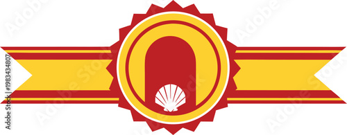 Red and gold label with saint james text and pilgrim shell symbol