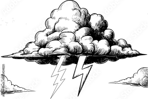 Dramatic black and white of a stormy cumulonimbus cloud with lightning bolts striking downwards