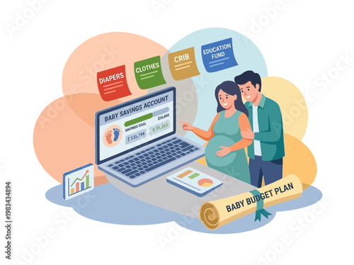 Expectant Parents Planning Baby Budget and Savings on Laptop