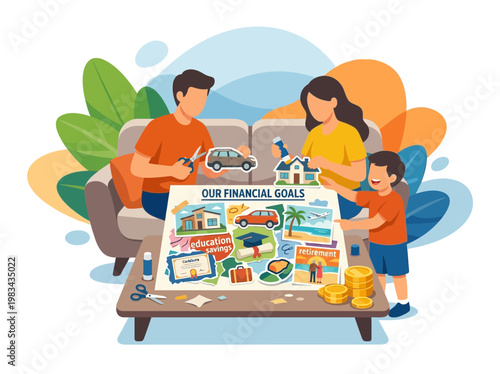 Family Creating Financial Goals Vision Board Together at Home