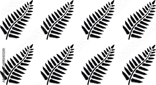 Eight Black Fern Leaf Silhouettes Arranged in Two Rows on a White Background frond plant