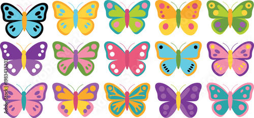 Colorful butterfly vector collection featuring various vibrant wing patterns for spring garden decor nursery art and children's educational book illustrations.