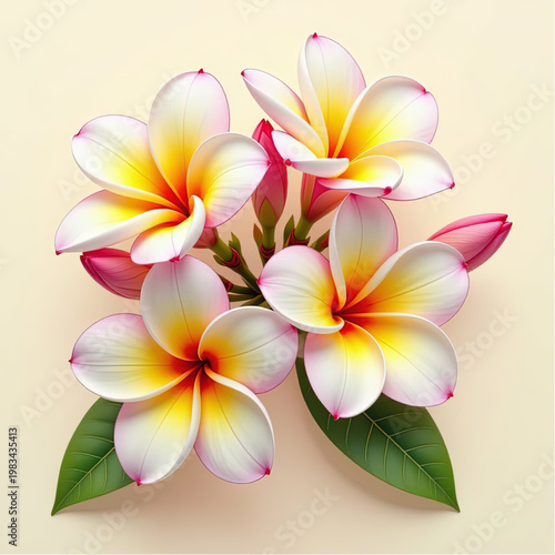 Top view of a small bunch of frangipani flowers, open corollas, and buds, clean light background.eps