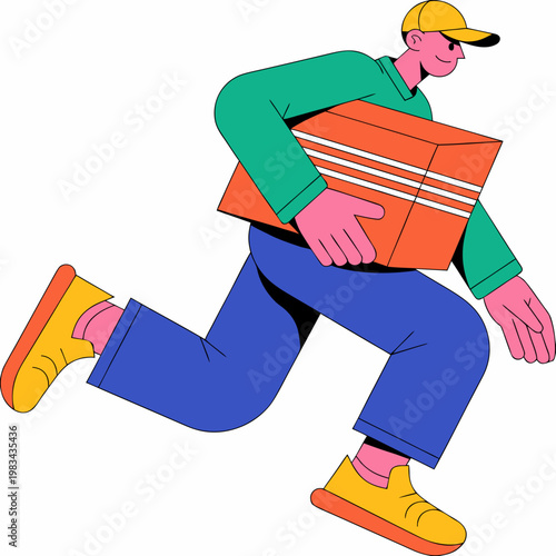Courier running fast with a delivery package to ensure quick service in a vibrant flat vector style.