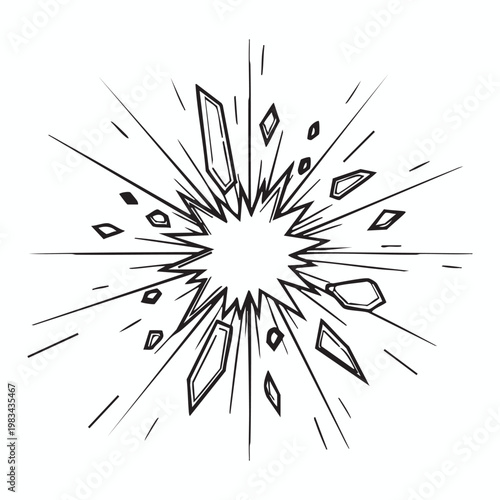 Fotografie An abstract explosion of jagged shapes and radiating lines rendered in a stark b