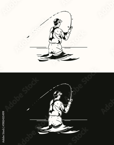 Fisherman Casting Line at Ocean Shore Vector