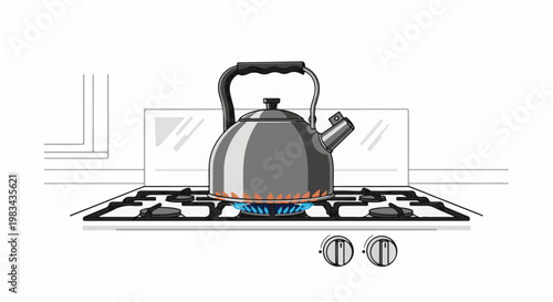 Metal kettle on a gas stove with blue and orange flames