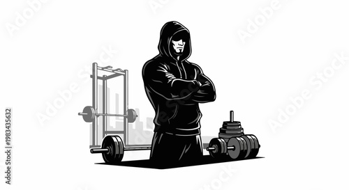 Muscular person in hoodie stands with crossed arms in gym
