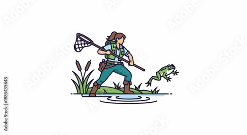Person in outdoors gear with net catches a frog near marsh grass