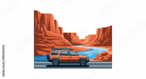 Orange SUV travels along a road beside a winding river through canyons