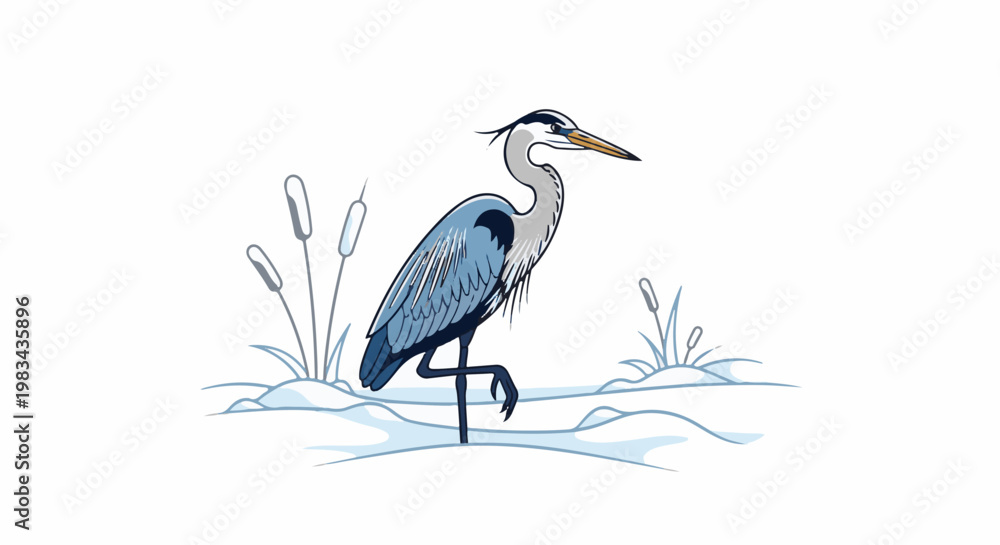 Naklejka premium Stylized illustration of a great blue heron standing in shallow water with cattails