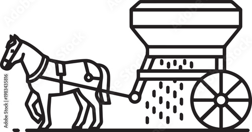 Historical Horse-Drawn Seed Drill with Hopper Spilling Seeds – Agricultural Innovation Icon for Farming Manuals, Educational Posters, Historical Agriculture Exhibits, Seed Planting