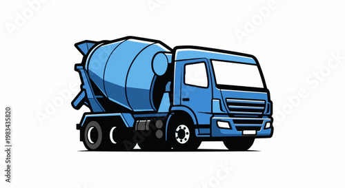 A cartoon blue concrete mixer truck on a white background