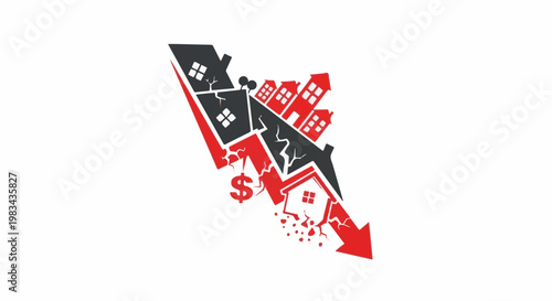 Stylized graphic of houses, cracks, and falling arrows signifies financial downturn