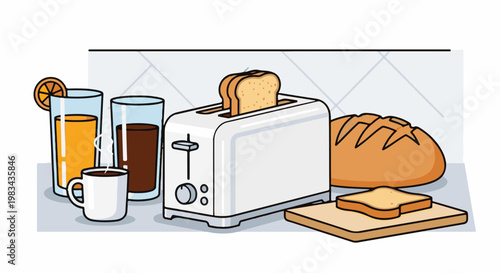A breakfast spread features orange juice, coffee, and toast from a toaster