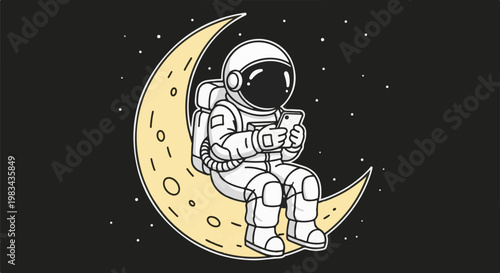 A cartoon astronaut sits on the crescent moon, scrolling on a smartphone