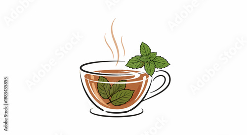 A clear glass cup filled with brown tea and fresh mint leaves