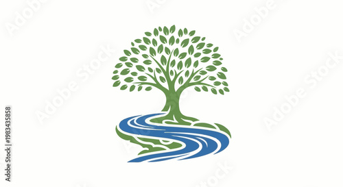 Stylized green tree with expansive canopy above flowing blue river