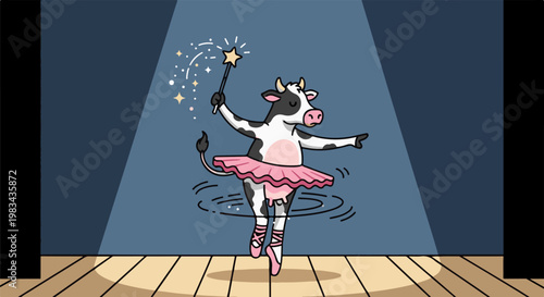 A cartoon cow in a ballet tutu and pointe shoes dances with a magic wand