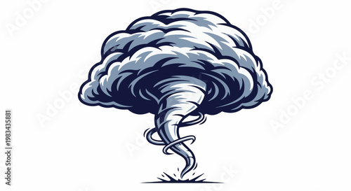Stylized illustration of a powerful tornado with swirling clouds and a dark funnel